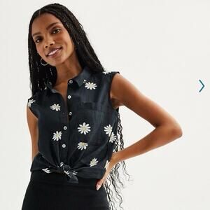SO Daisy Print Sleeveless Button Front Shirt Tie Front Y2K Large retro floral